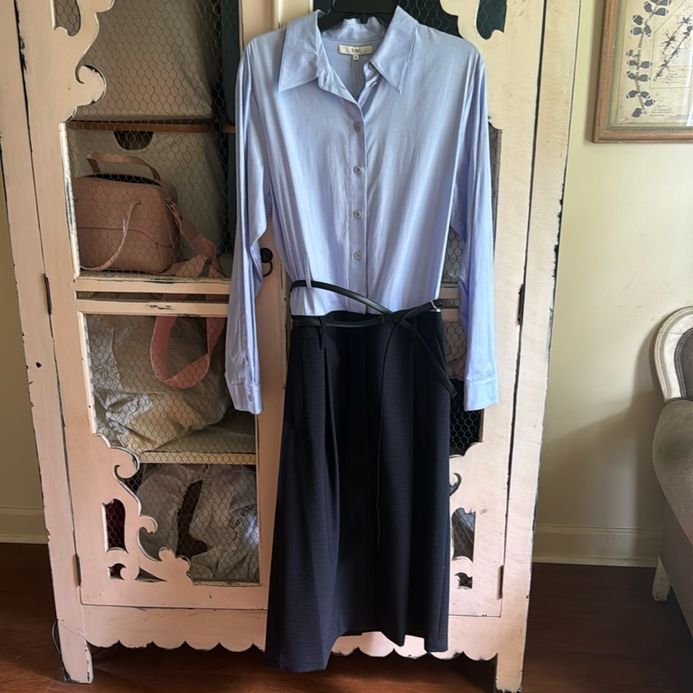 Tibi shirtdress poplin top, wool blend skirt, wrap belt, size 10 NWT, $175